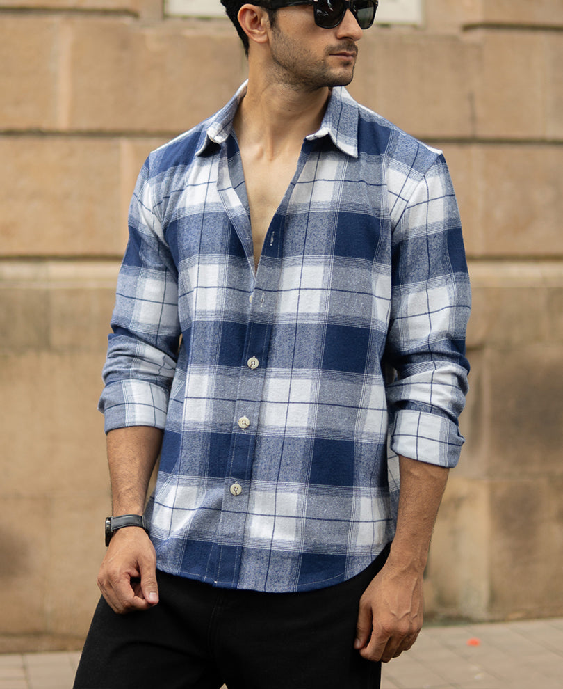 Dark Blue Brushed Checks Shirt