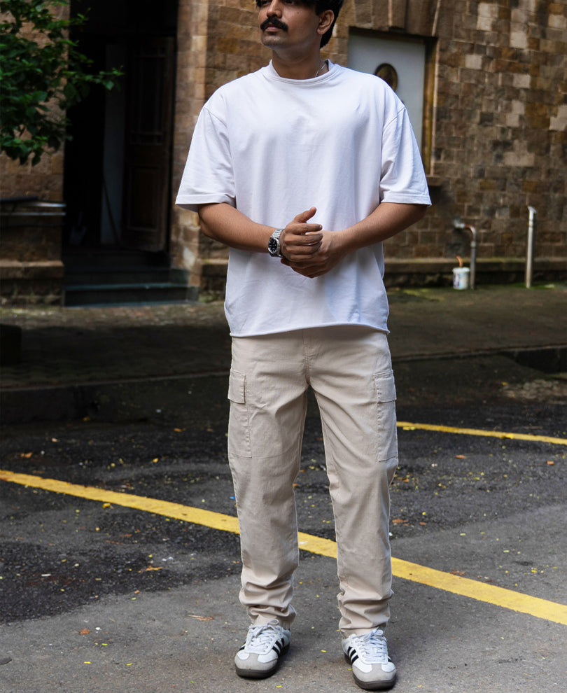 Cream Cotton Cargo Regular Fit Pant