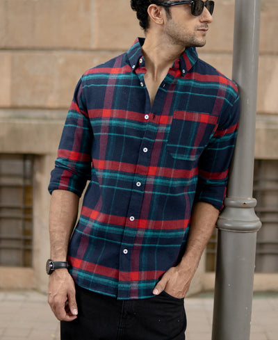 Navy Button Down Brushed Checks Shirt