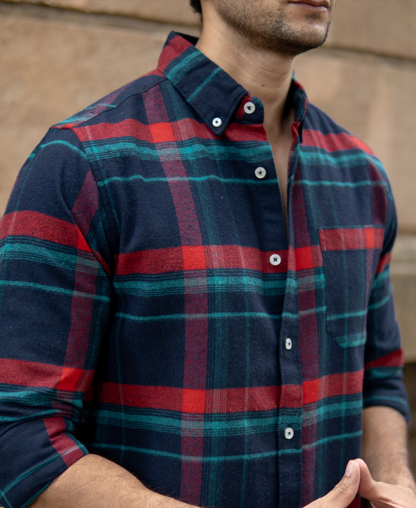 Navy Button Down Brushed Checks Shirt