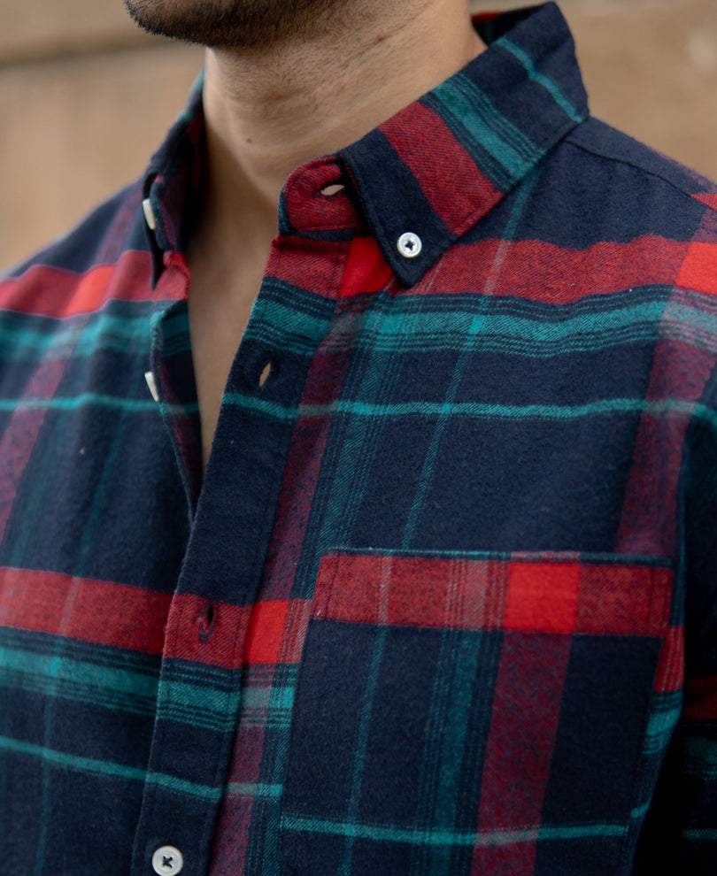 Navy Button Down Brushed Checks Shirt
