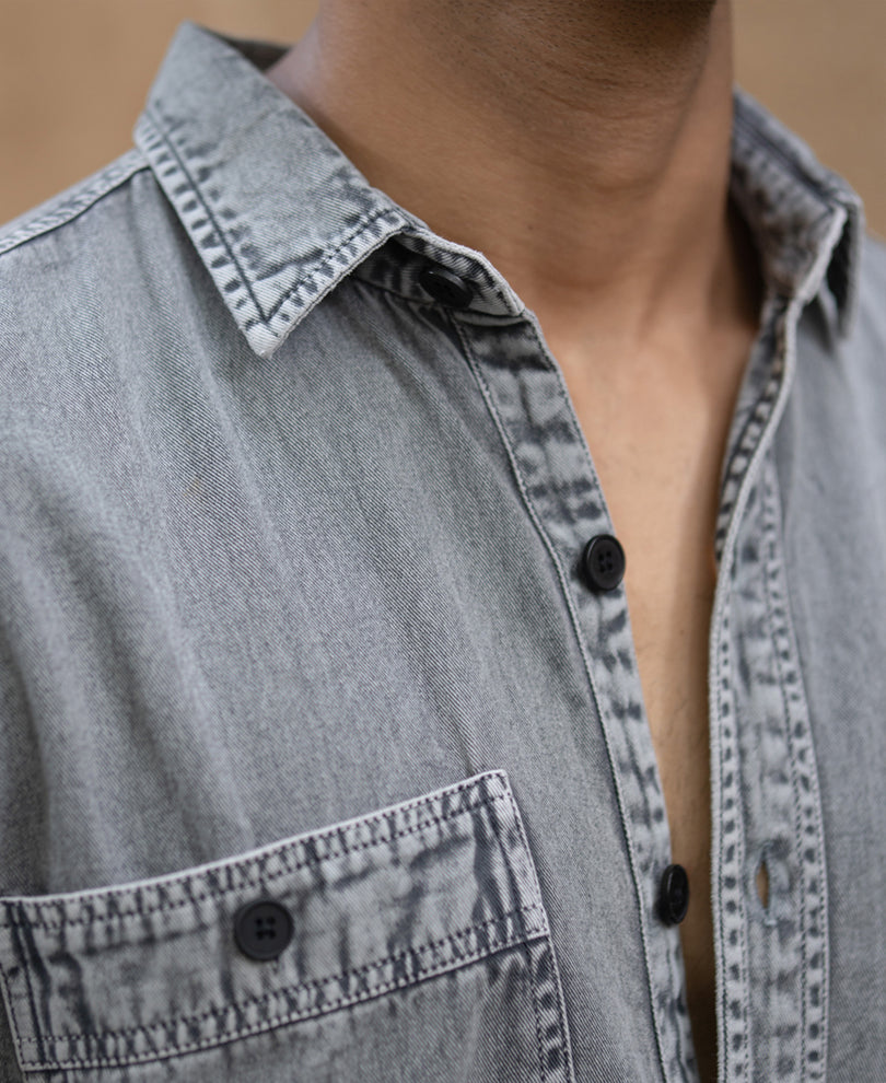 Grey Denim Shirt With Pockets