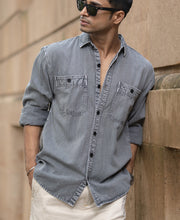 Grey Denim Shirt With Pockets