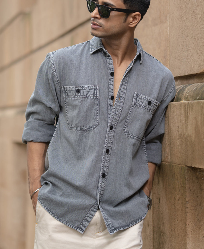 Grey Denim Shirt With Pockets