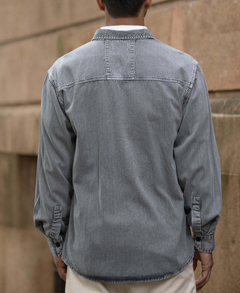 Grey Denim Shirt With Pockets