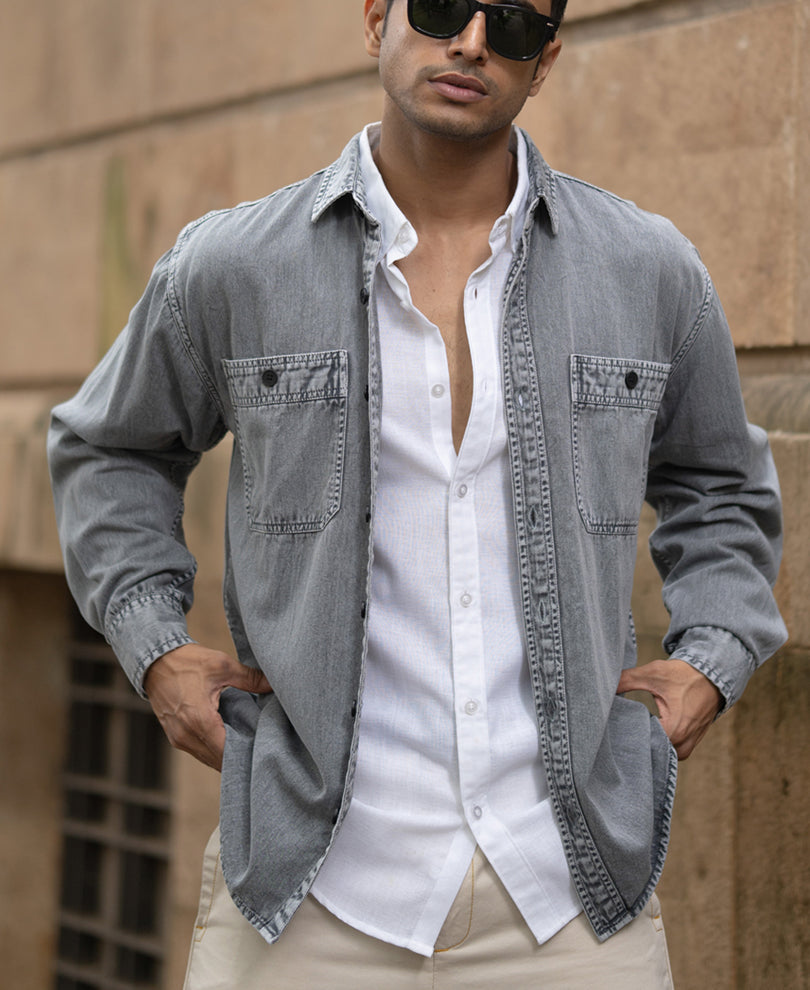 Grey Denim Shirt With Pockets