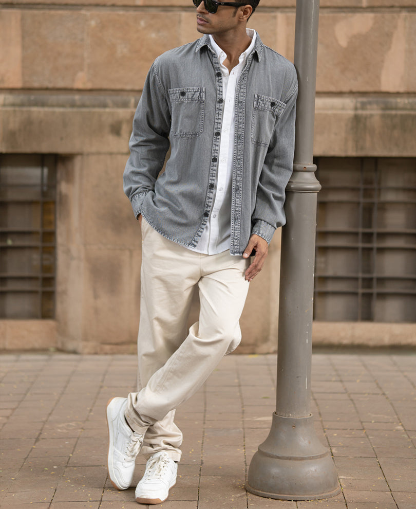 Grey Denim Shirt With Pockets