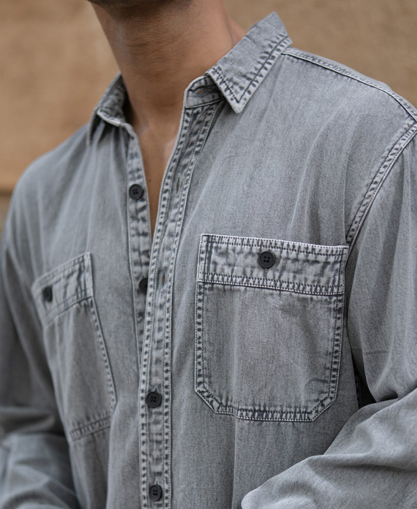 Grey Denim Shirt With Pockets
