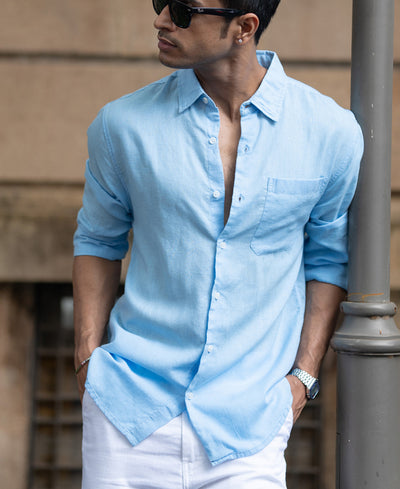 Light Blue Linen Blend Regular Fit Shirt
