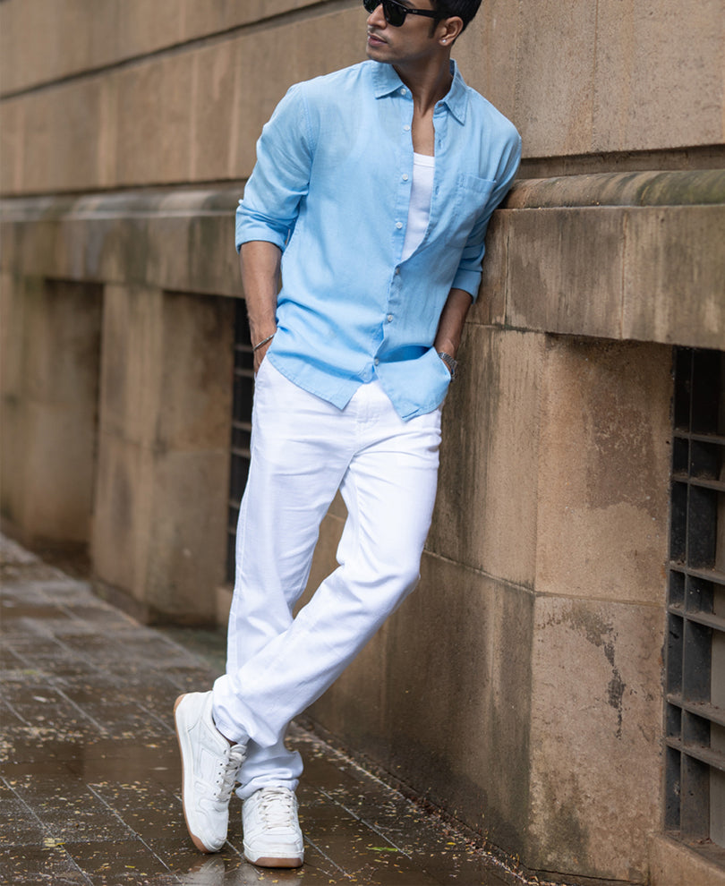 Light Blue Linen Blend Regular Fit Shirt