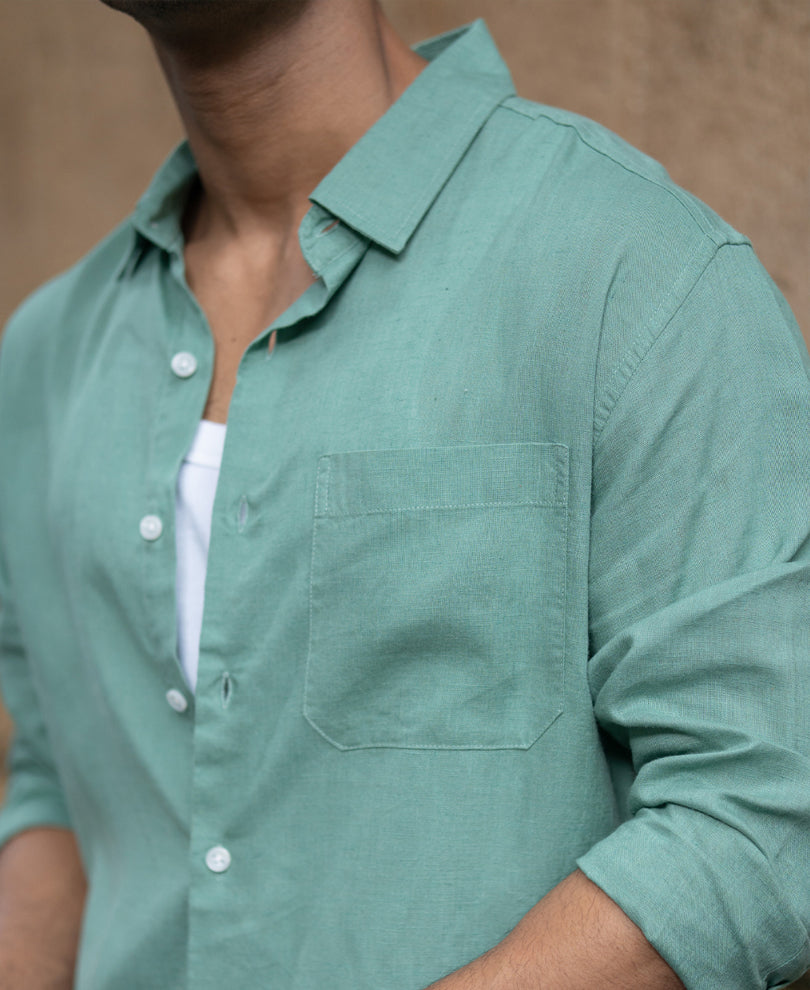 Sage Green Linen Blend Regular Fit Shirt