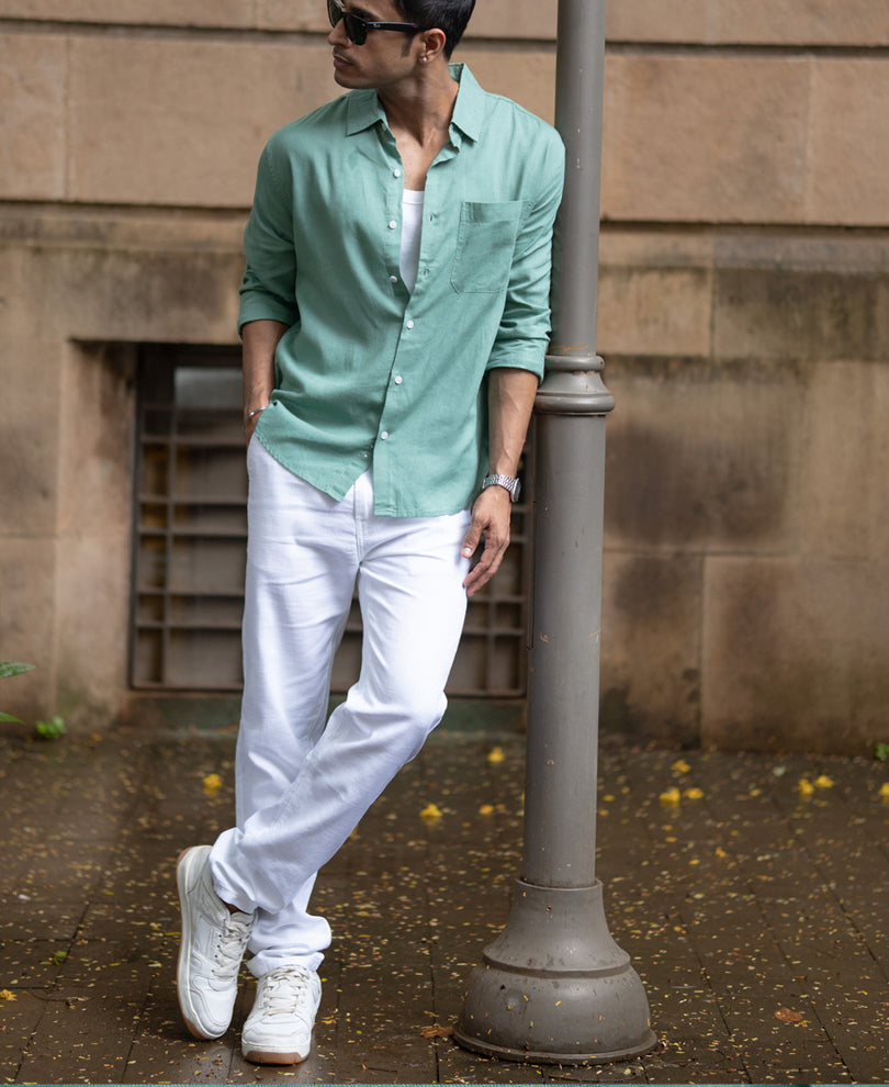 Sage Green Linen Blend Regular Fit Shirt
