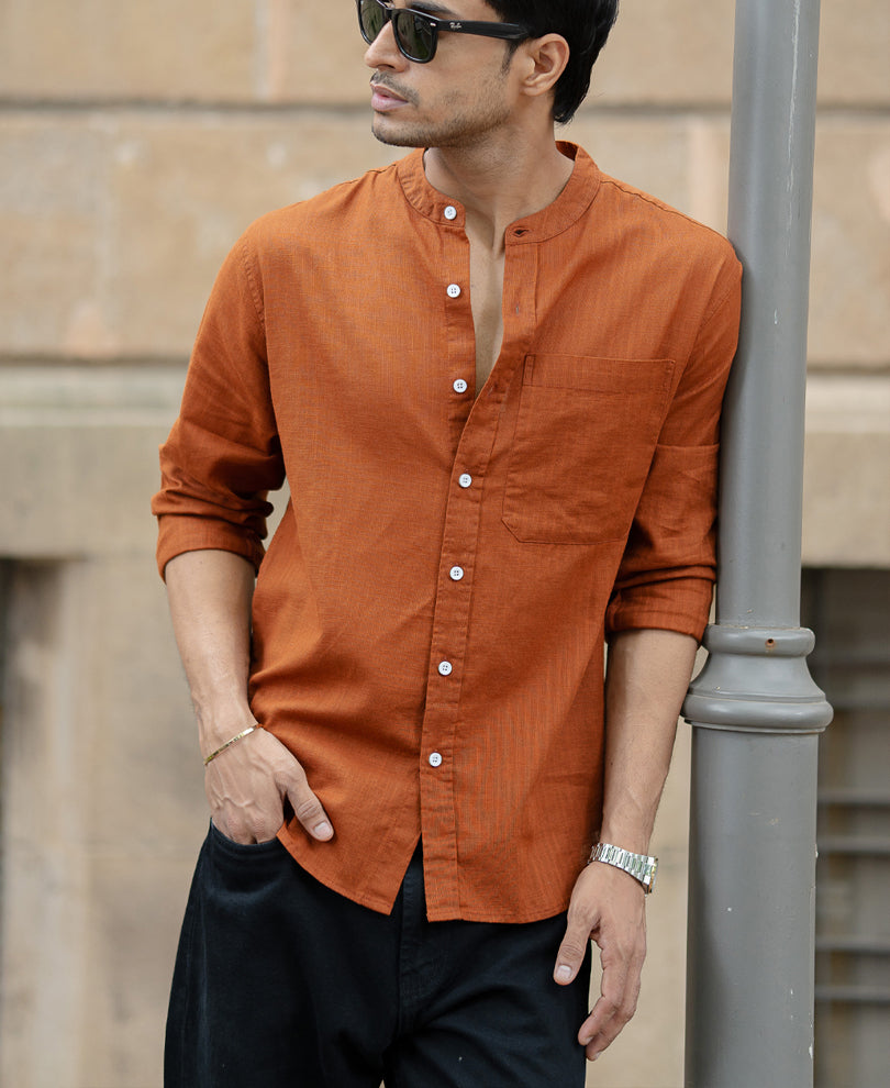 Brown Mandarin Collar Shirt 100% Cotton