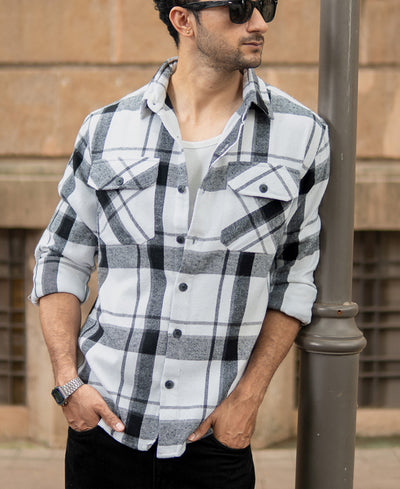 White And Black Checks Shirt With Pockets