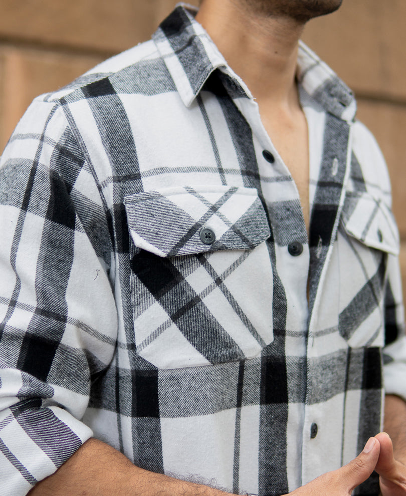 White And Black Checks Shirt With Pockets