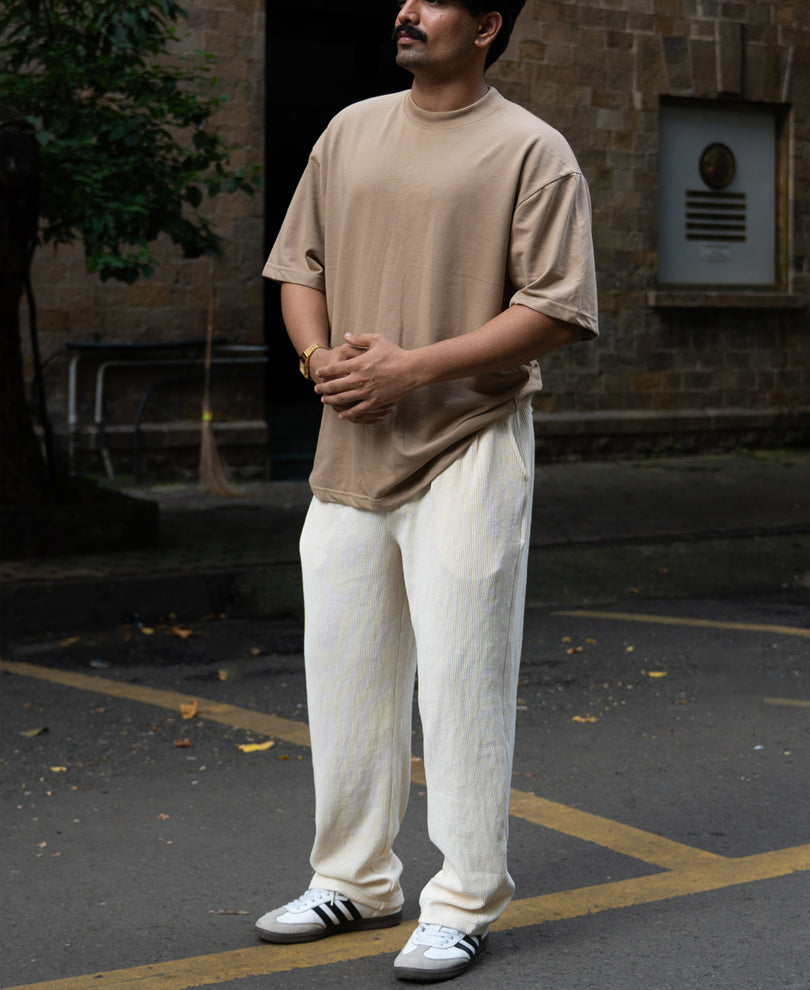 Cream Knit Pleated Trousers