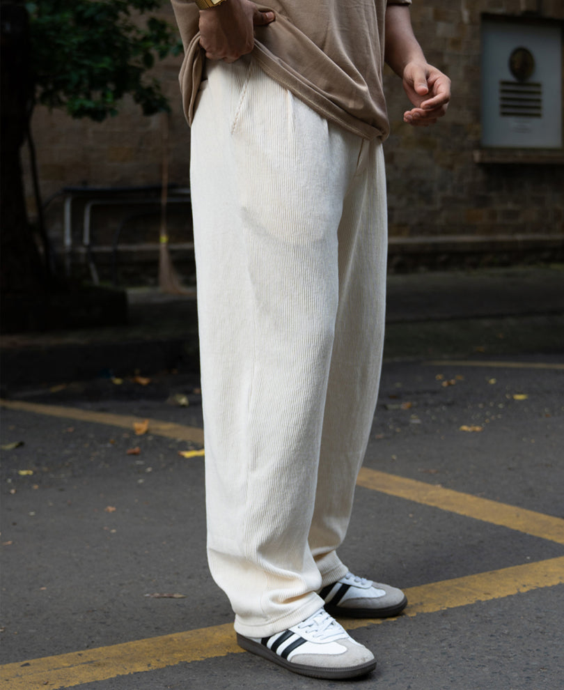 Cream Knit Pleated Trousers