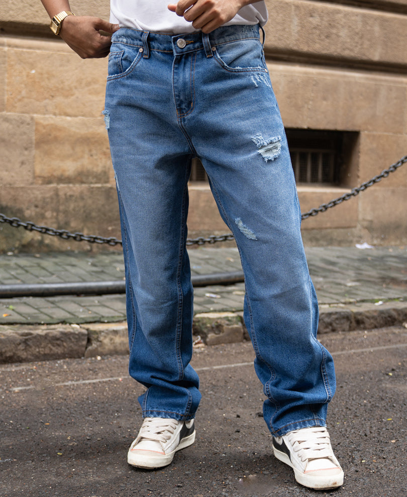 Dark Blue Panelled Distress Jeans