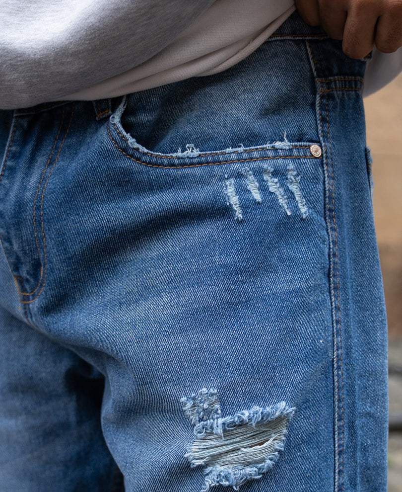 Dark Blue Panelled Distress Jeans