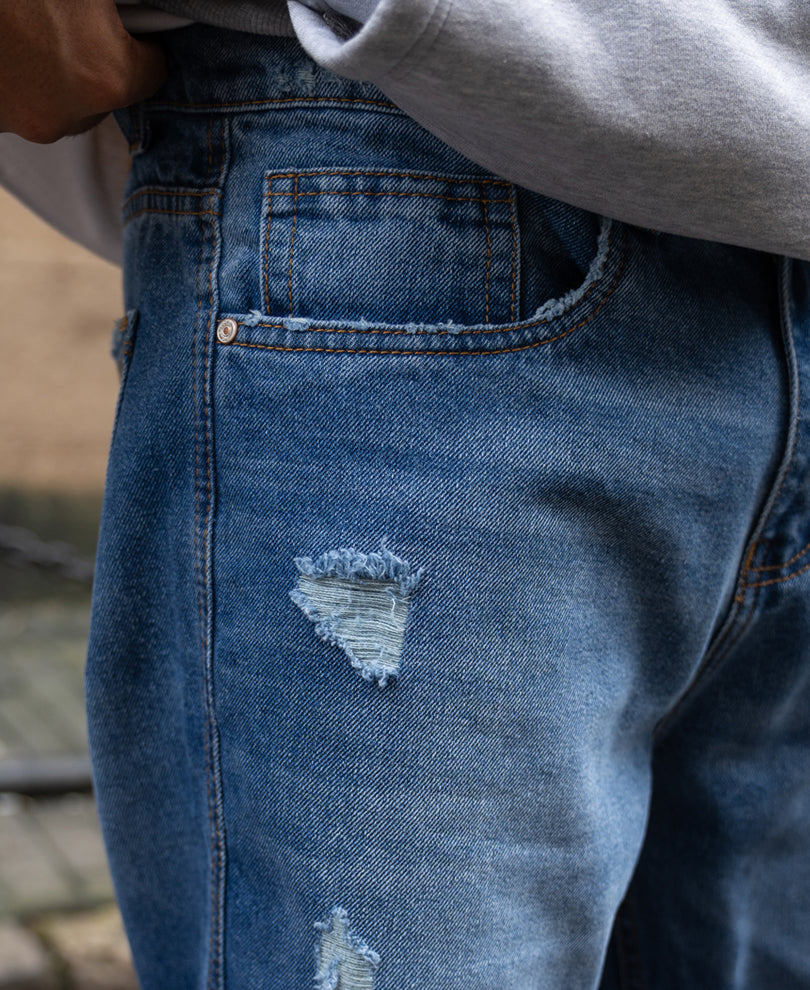 Dark Blue Panelled Distress Jeans