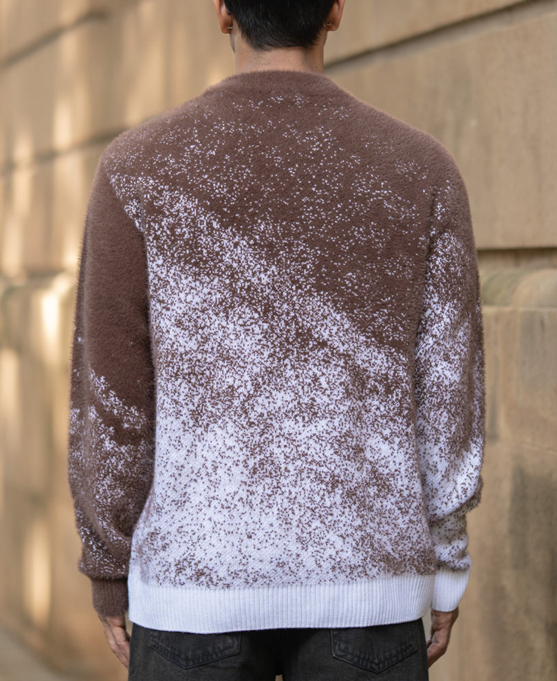 Brown Fuzzy Jacquard Knit T-Shirt.
