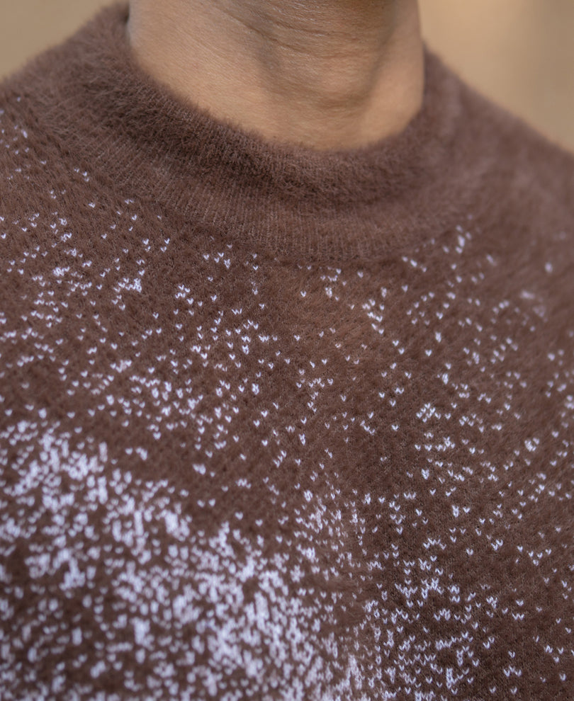 Brown Fuzzy Jacquard Knit T-Shirt.
