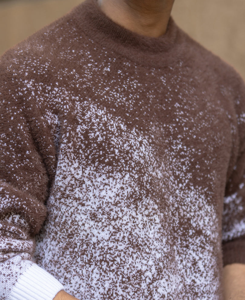 Brown Fuzzy Jacquard Knit T-Shirt.