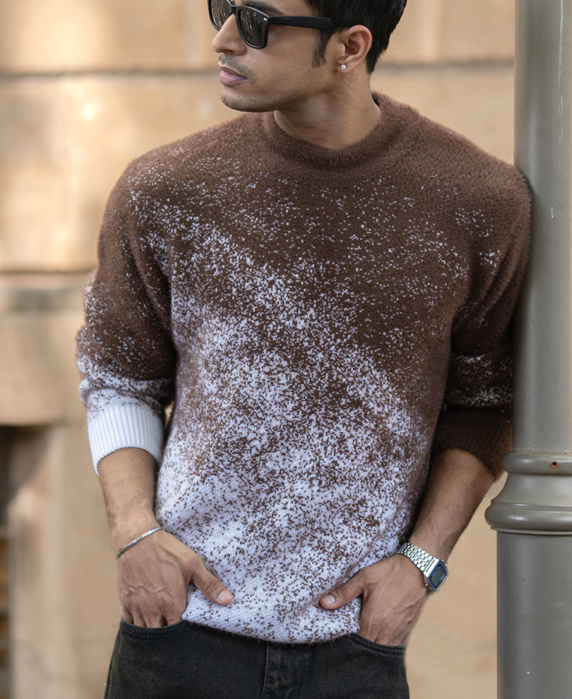Brown Fuzzy Jacquard Knit T-Shirt.