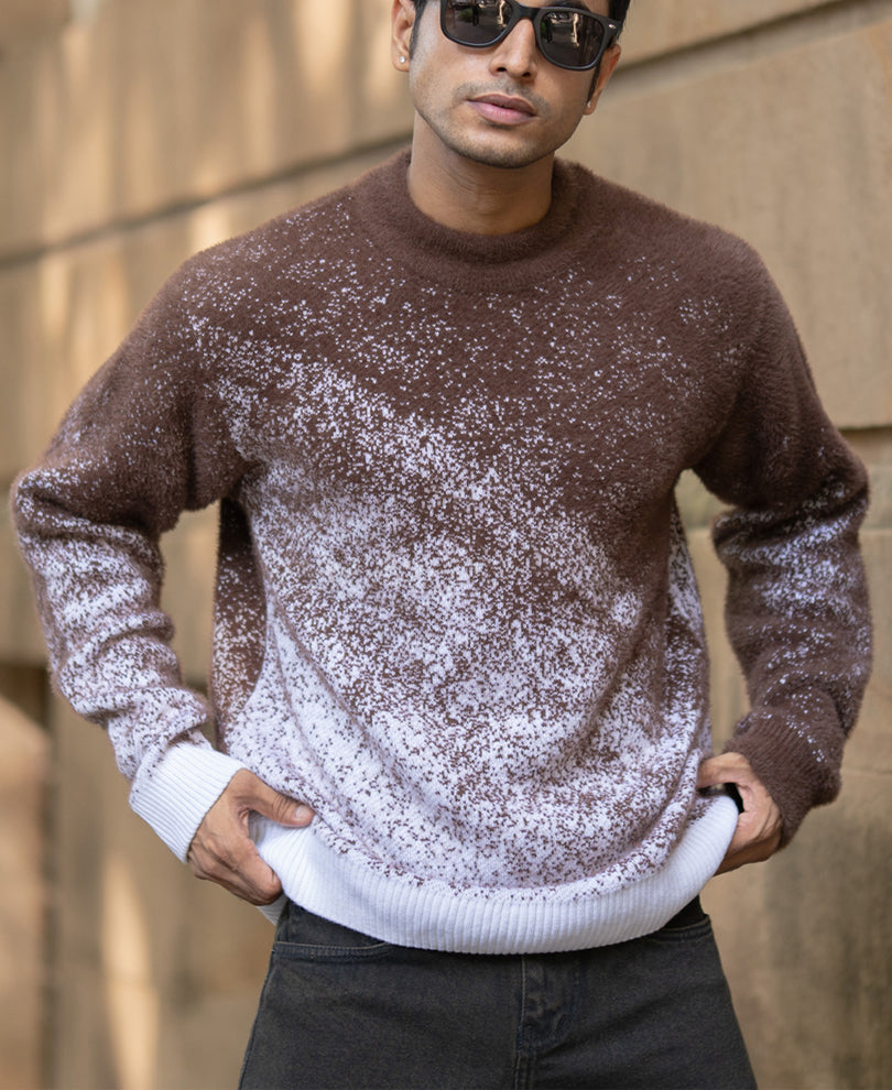 Brown Fuzzy Jacquard Knit T-Shirt.