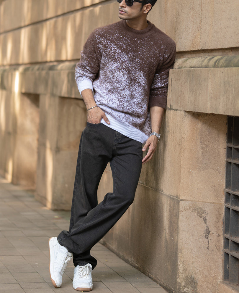 Brown Fuzzy Jacquard Knit T-Shirt.