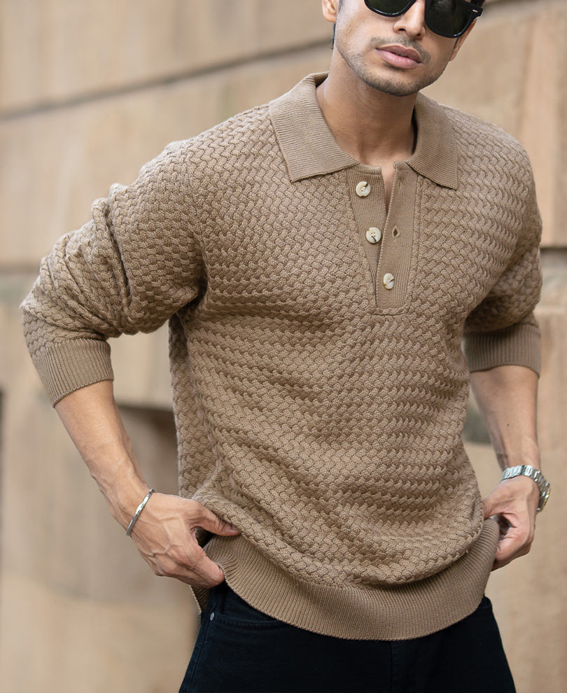 Dark Beige Knit Polo Sweater
