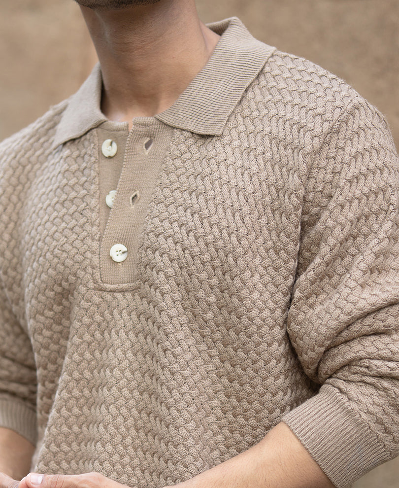 Dark Beige Knit Polo Sweater