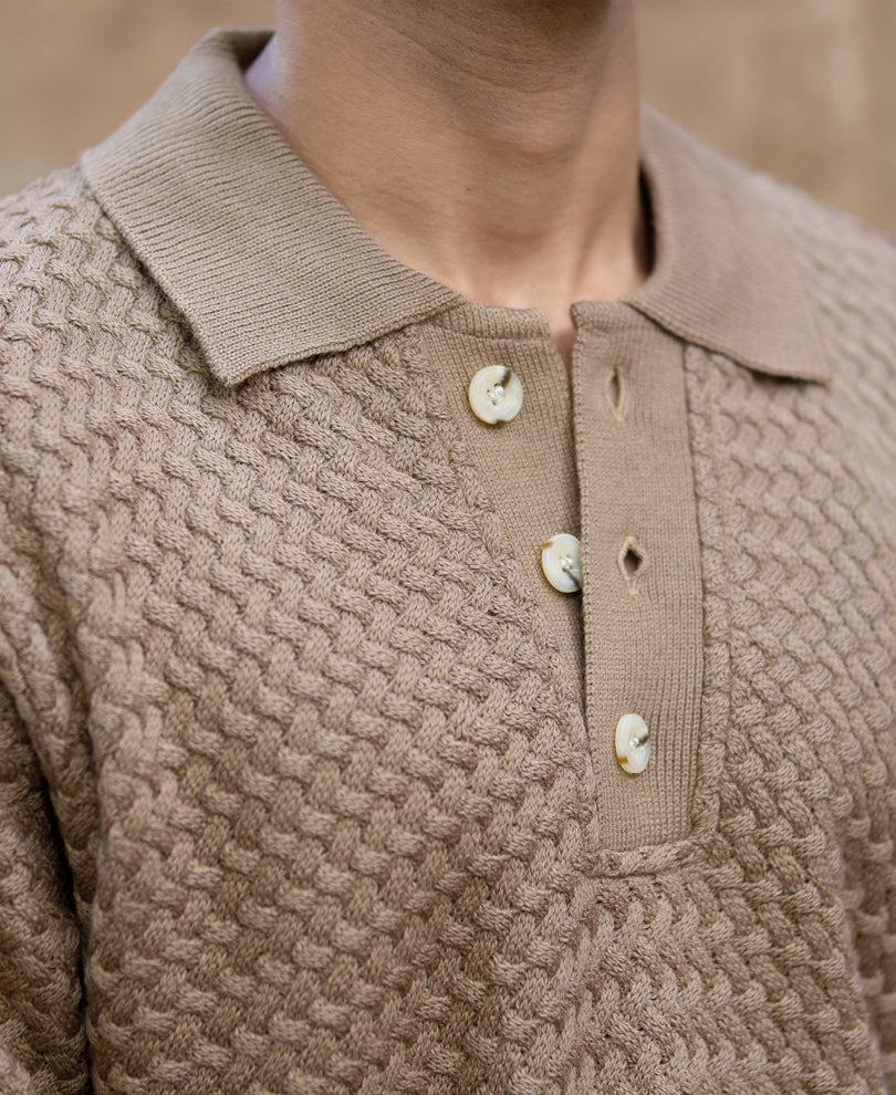 Dark Beige Knit Polo Sweater