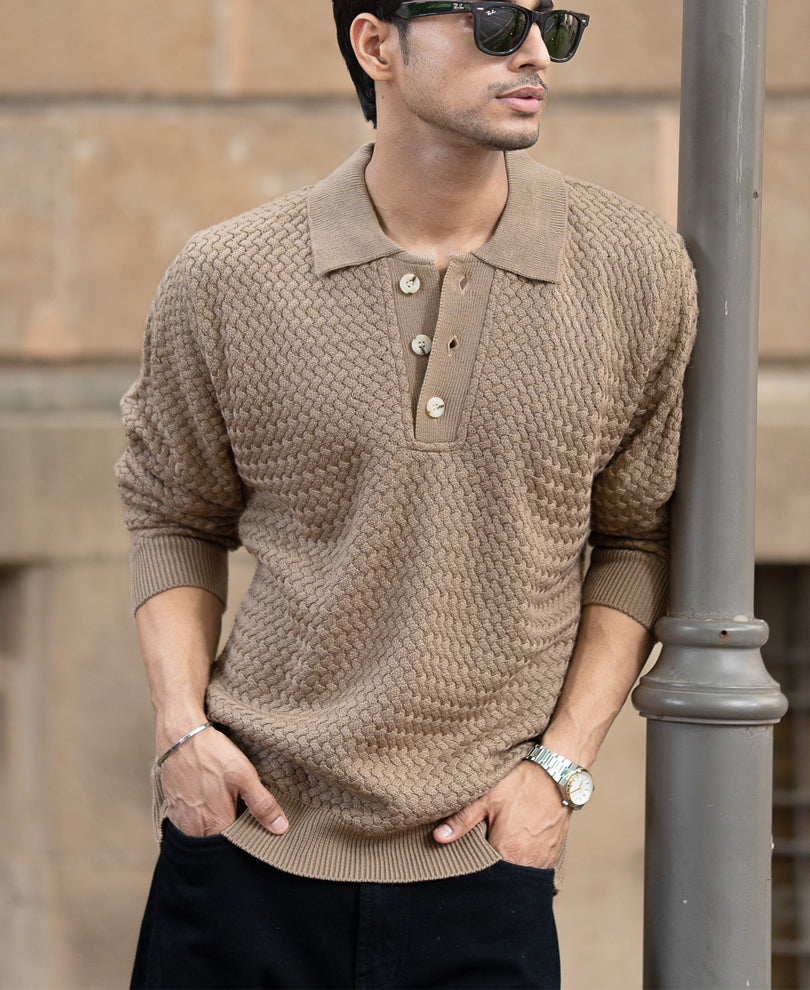 Dark Beige Knit Polo Sweater