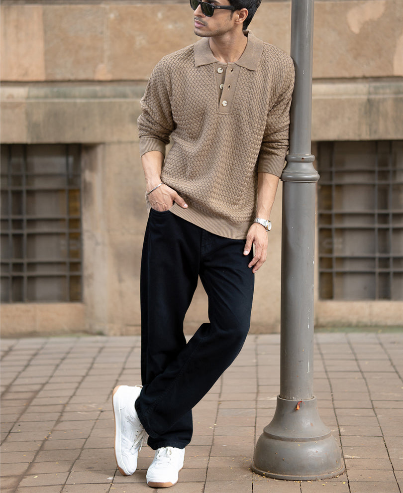 Dark Beige Knit Polo Sweater - Main Image