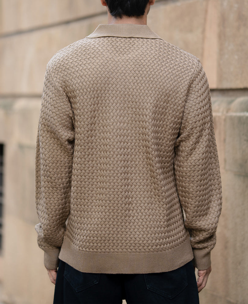 Dark Beige Knit Polo Sweater