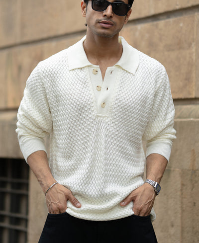 Off White Knit Polo Sweater