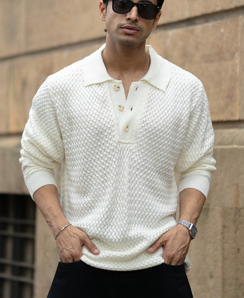 Off White Knit Polo Sweater