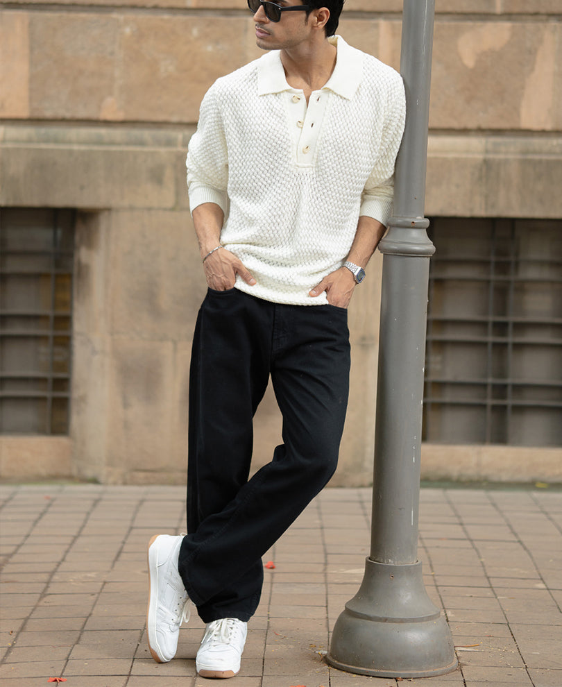 Off White Knit Polo Sweater