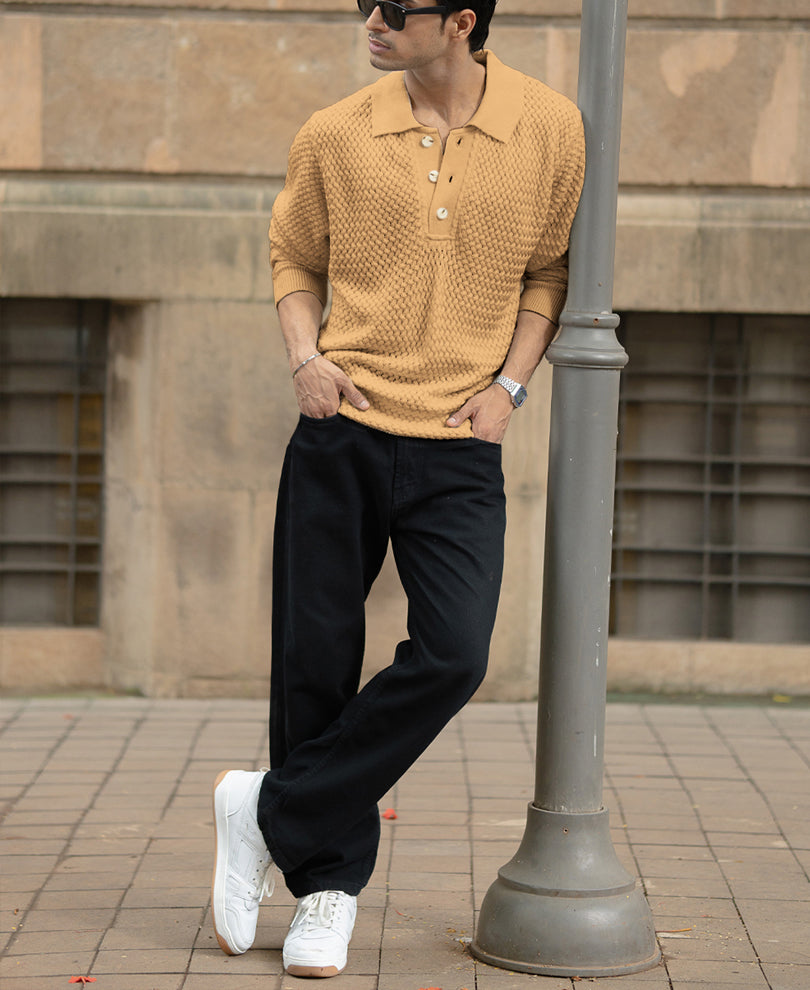 Dusty Yellow Knit Polo T-Shirt.