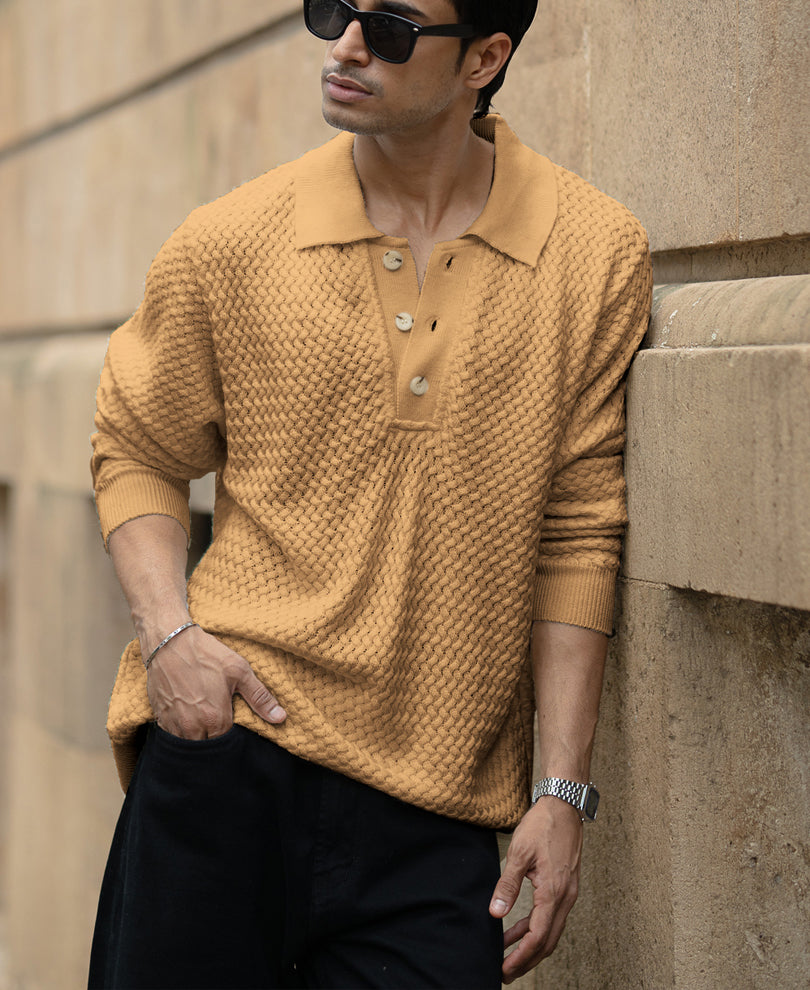 Dusty Yellow Knit Polo T-Shirt.