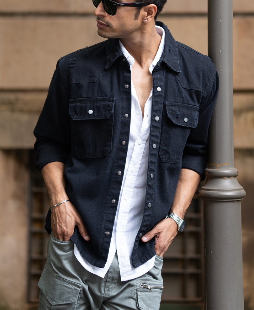 Black Distressed Denim Overshirt