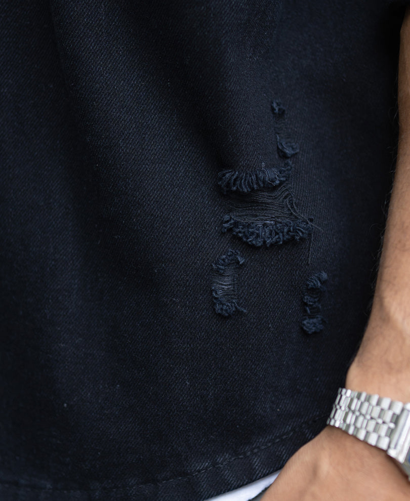 Black Distressed Denim Overshirt