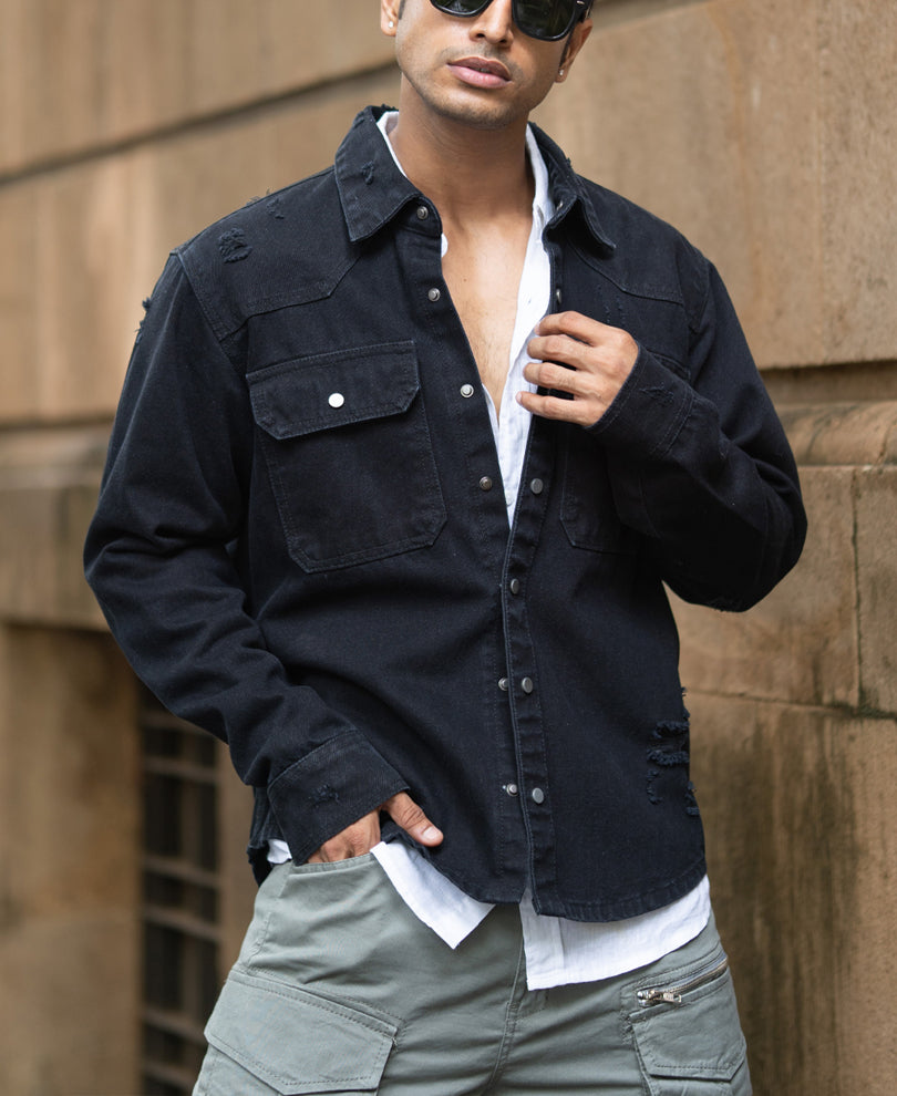 Black Distressed Denim Overshirt