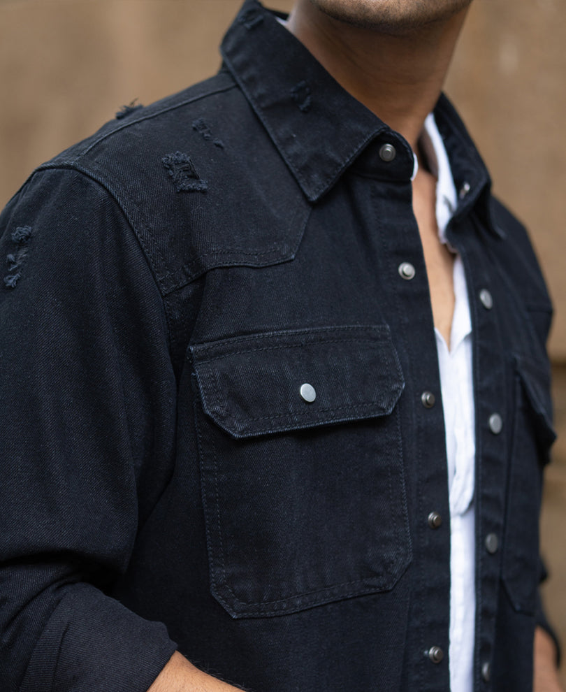 Black Distressed Denim Overshirt