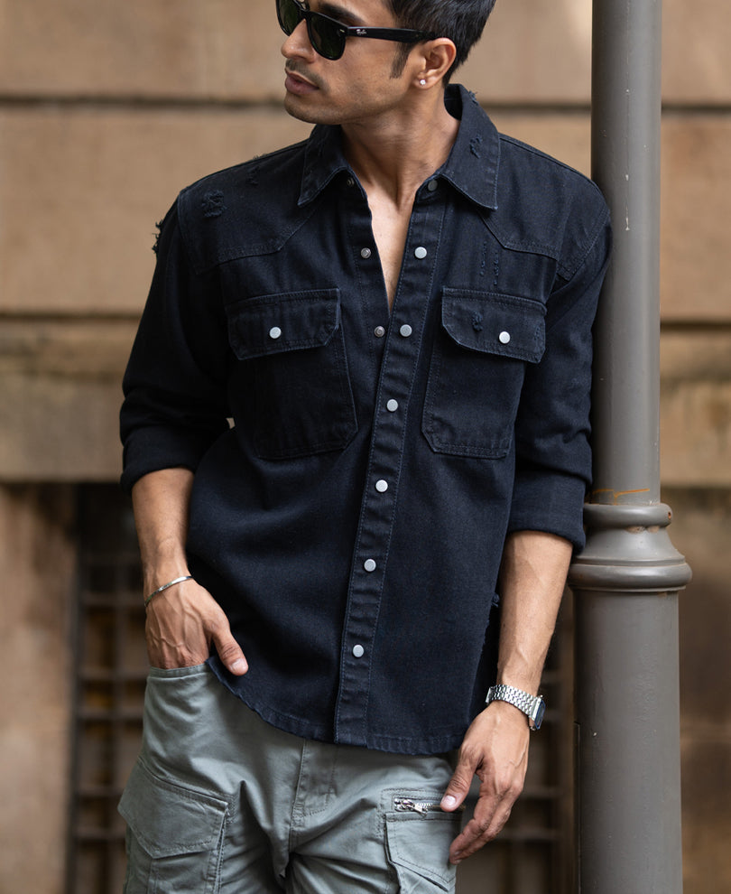 Black Distressed Denim Overshirt
