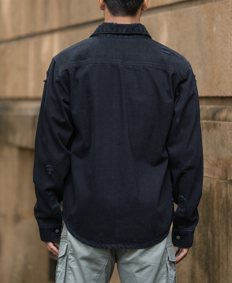 Black Distressed Denim Overshirt