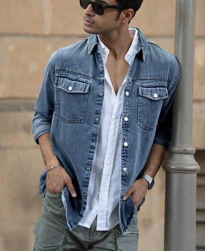 Mid Blue Washed Denim Regular Fit Overshirt