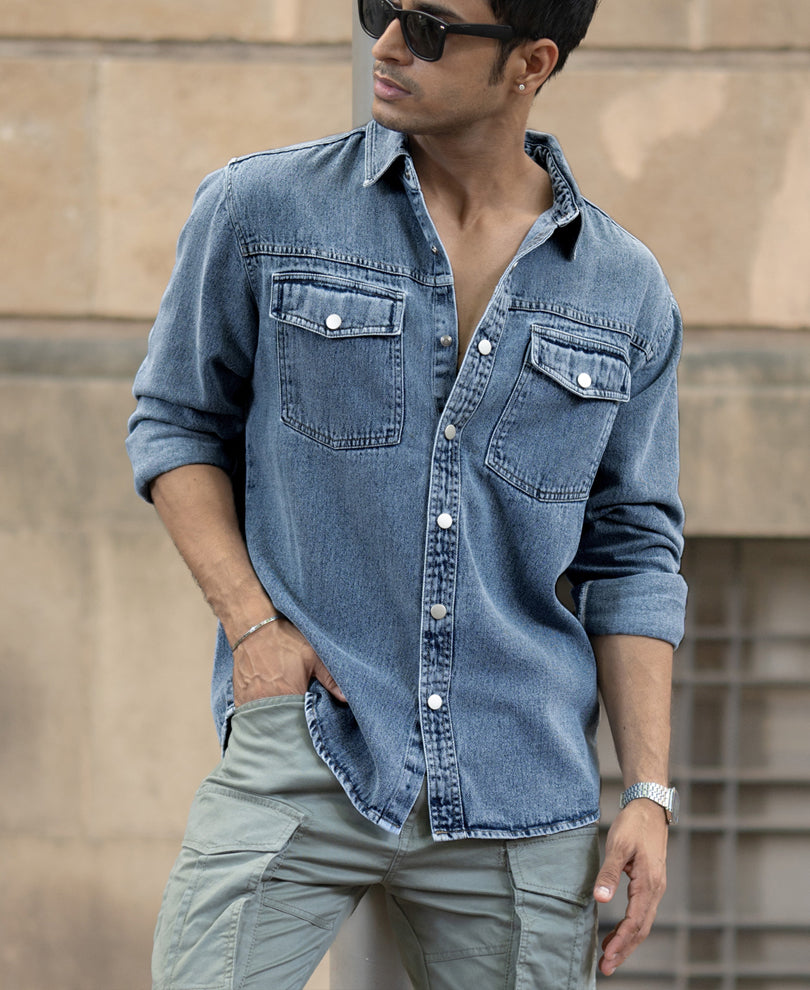 Mid Blue Washed Denim Regular Fit Overshirt