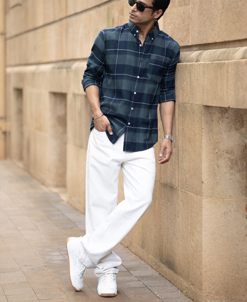 Dark Navy Checked Button Down Shirt